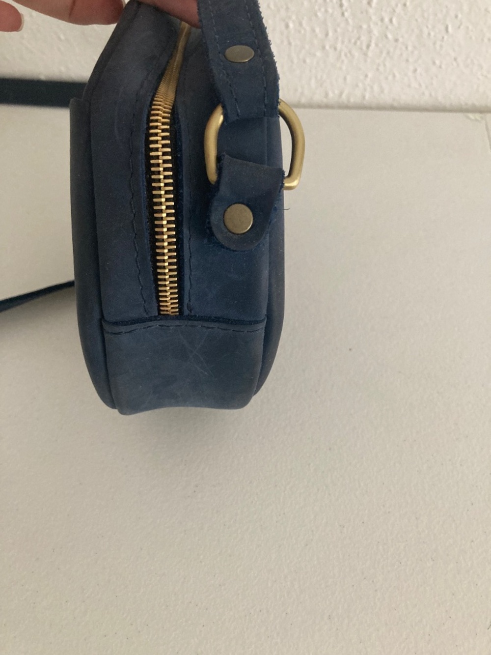 Portland Leather Round Crossbody Bag Dark Blue Firm Leather, fair condition - Picture 6 of 12